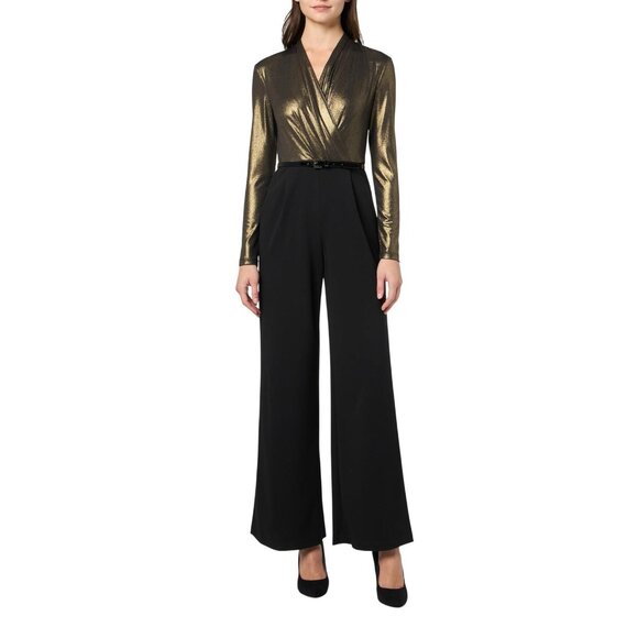 NWT Tommy Hilfiger Faux Leather Belted Scuba Crepe Jumpsuit Black / Gold 2 - Picture 1 of 10